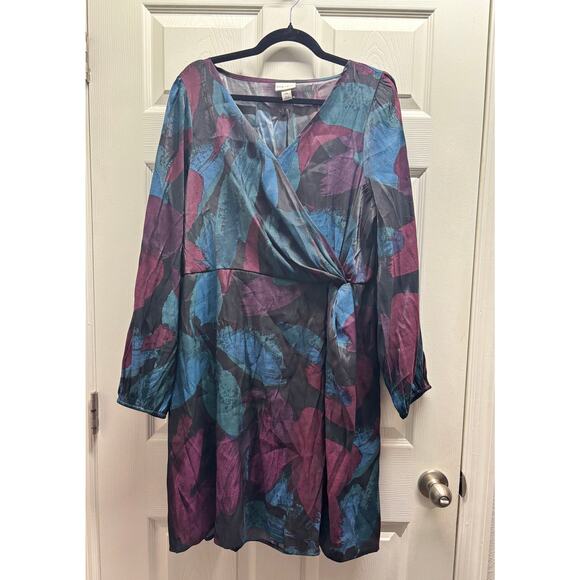NWT Ava & Viv XXL Blue Purple Abstract Floral Leaf Faux Wrap Long Sleeve Dress - Picture 1 of 8